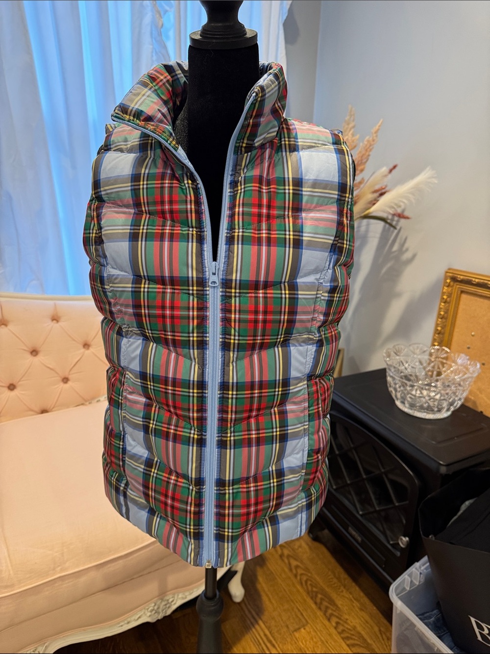 Lands' End Multicolor Plaid Puffer Vest - Blue, Red & Green